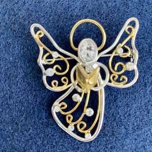 Angel Brooch Silver and Gold Tone with Clear Rhinestones SEE Pictures